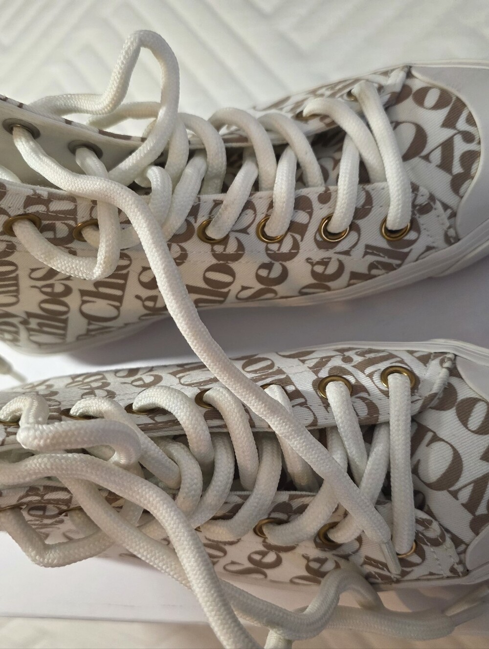 SeeByChloe Womens White & Beige Logo-Print High-Top Sneakers